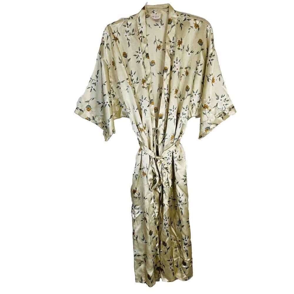 Vintage VX Satin Feel Beige Floral Gown Long TieWrap Pockets Robe Sz 1X 50”